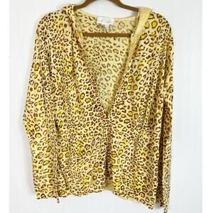Soft Surroundings Women Hooded Cardigan Sweater Top Yellow Animal Print XL
